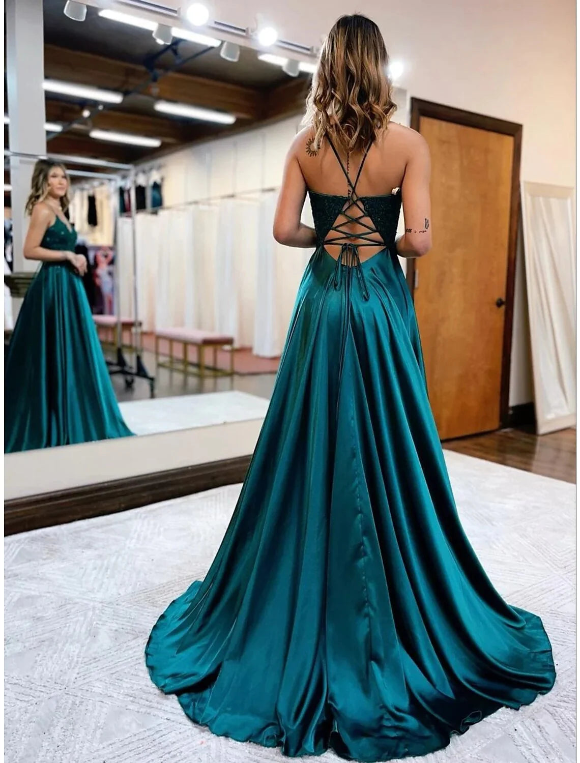 A-Line Prom Dresses Empire Dress Formal Wedding Party Court Train Sleeveless V Neck Satin Backless with Beading Appliques