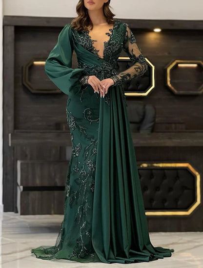 Mermaid / Trumpet Prom Gown Elegant Dress Formal Wedding Guest Floor Length Long Sleeve V Neck Fall Wedding Guest Lace