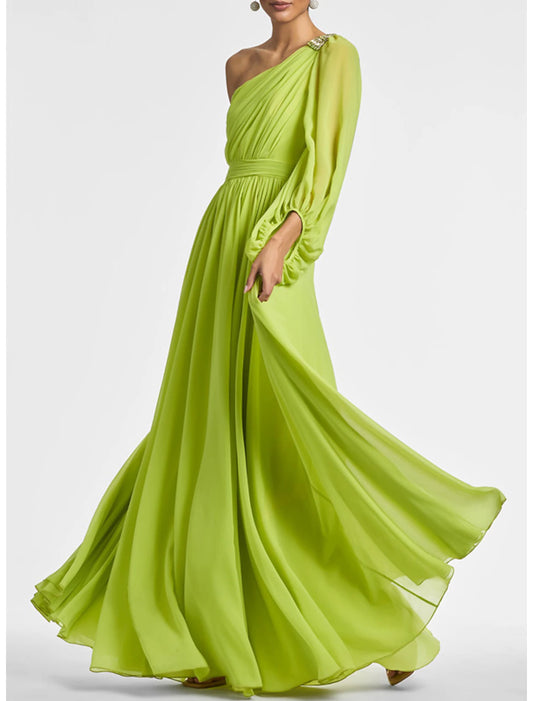 A-Line Evening Gown Elegant Dress Formal Wedding Party Floor Length Long Sleeve One Shoulder Fall Wedding Guest Chiffon