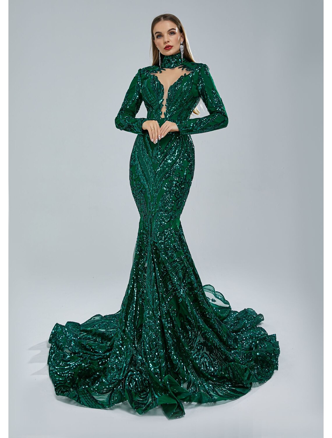 Mermaid Party Dress Evening Gown Sparkle & Shine Dress Carnival Engagement Court Train Long Sleeve Stand Collar Lace