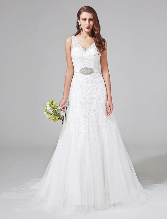 Wedding Dresses A-Line V Neck Sleeveless Court Train Lace Bridal Gowns With Sash / Ribbon Beading