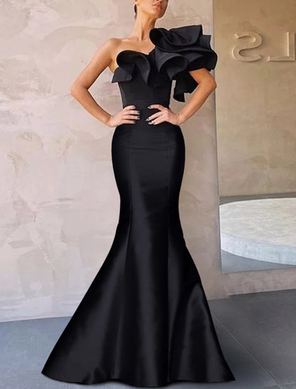 Mermaid Evening Gown Corsets Dress Formal Wedding Guest Floor Length Sleeveless One Shoulder Taffeta