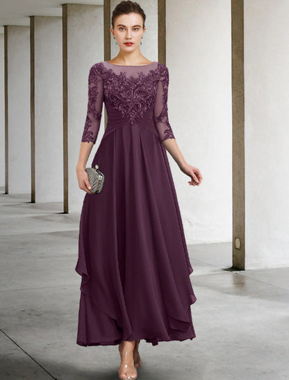 A-Line Mother of the Bride Dress Wedding Guest Elegant Plus Size Jewel Neck Ankle Length Chiffon Lace 3/4 Length Sleeve