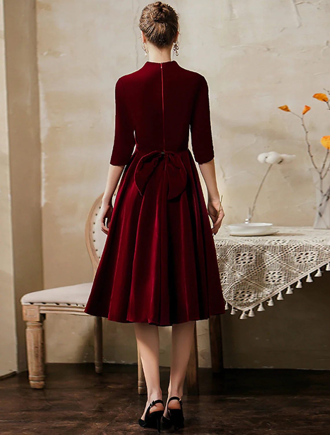 A-Line Minimalist Vintage Party Wear Cocktail Party Dress V Neck Half Sleeve Tea Length Velvet with Sleek