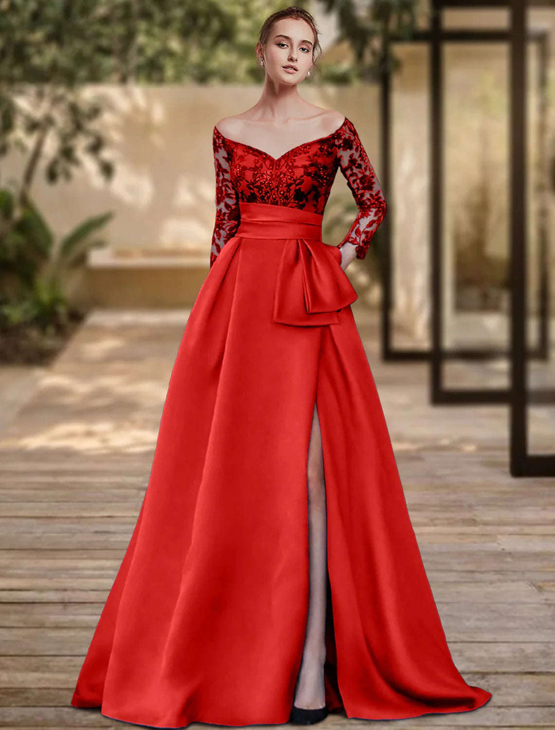 Evening Gown High Split Dress Formal Wedding Guest Sweep / Brush Train 3/4 Length Sleeve Off Shoulder Charmeuse with Bow(s) Sequin Slit