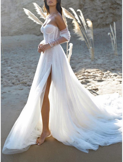 Beach Sexy Wedding Dresses A-Line Sweetheart Strapless Court Train Lace Bridal Gowns