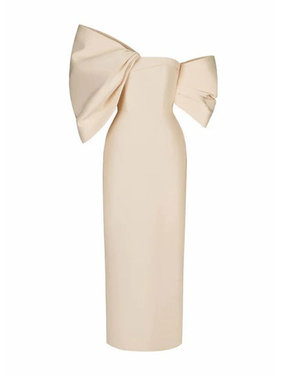 Evening Gown Elegant Dress Formal Tea Length Half Sleeve Off Shoulder Satin with Bow(s) Ruched