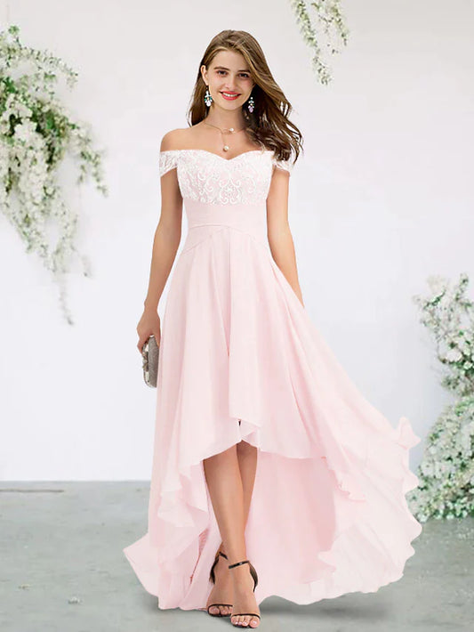 A-Line Bridesmaid Dress Off Shoulder Short Sleeve Elegant Sweep / Brush Train / Asymmetrical Chiffon / Lace