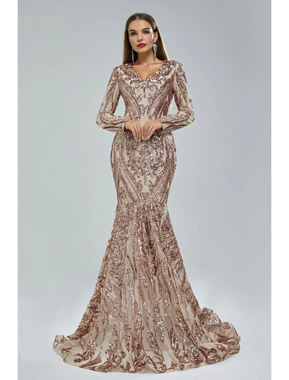 Mermaid / Trumpet Evening Gown Sparkle & Shine Dress Formal Court Train Long Sleeve V Neck African American Lace