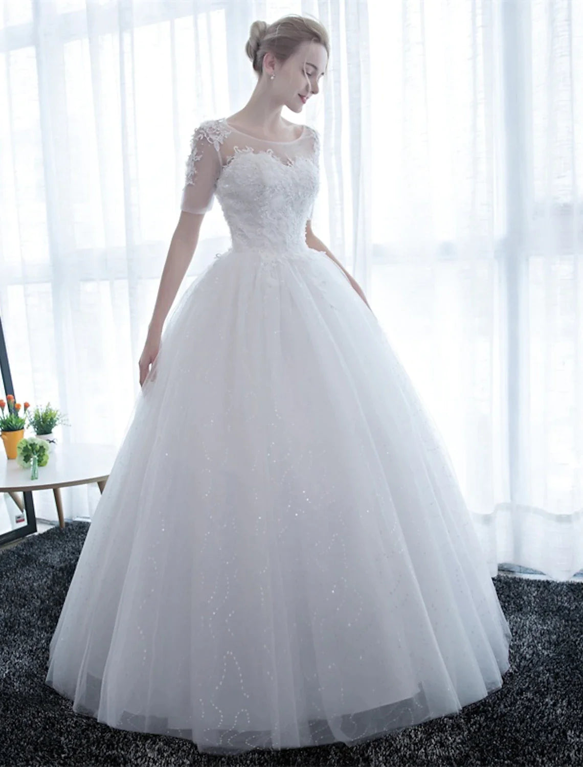 Reception Formal Wedding Dresses Ball Gown Illusion Neck Half Sleeve Floor Length Satin Bridal Gowns With Lace