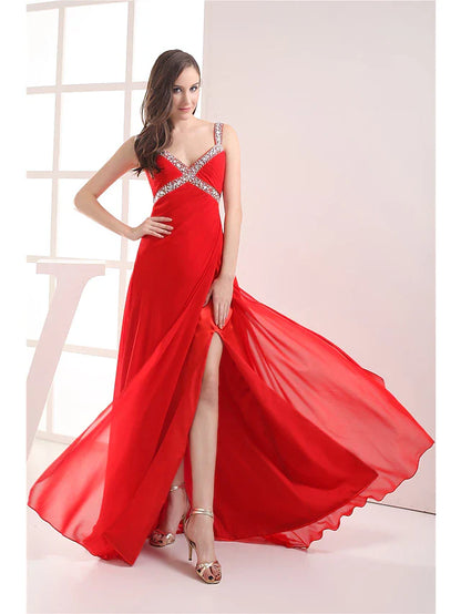 Evening Gown Elegant Dress Formal Evening Floor Length Sleeveless V Neck Chiffon with Ruched Beading Slit