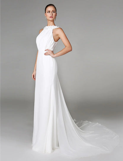 Wedding Dresses Sheath / Column High Neck Sleeveless Chapel Train Chiffon Bridal Gowns With Beading Draping