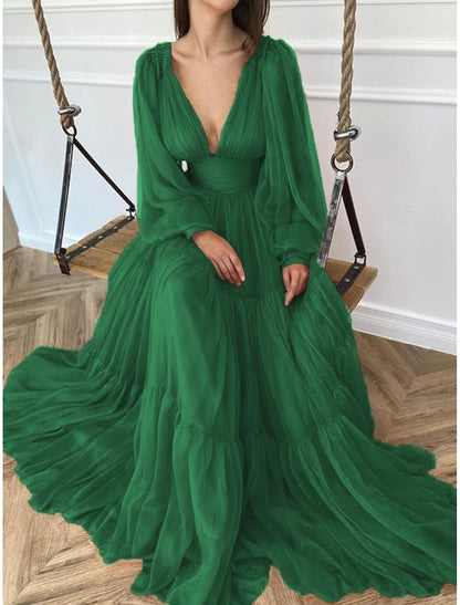 A-Line Evening Gown Elegant Dress Formal Wedding Guest Floor Length Long Sleeve V Neck Chiffon