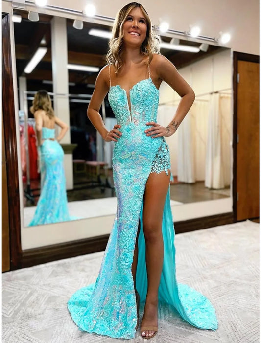 Mermaid / Trumpet Prom Dresses High Split Dress Formal Court Train Sleeveless V Neck Sequined with Slit Appliques