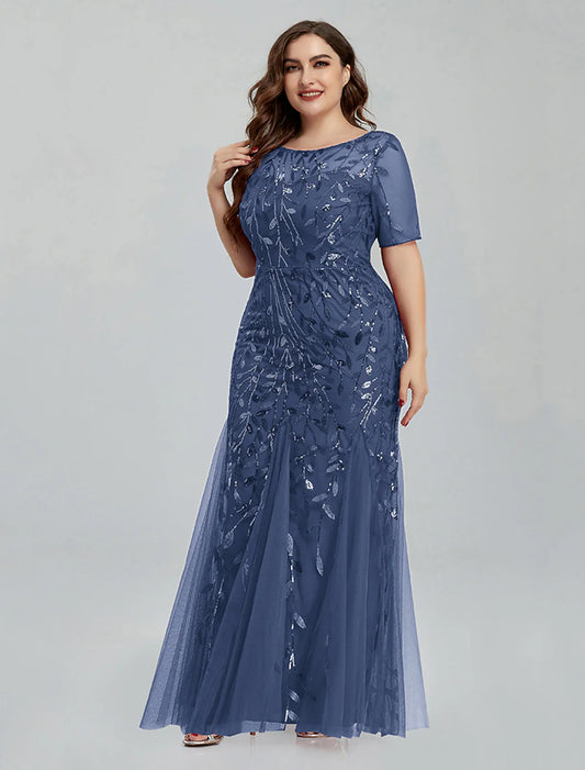 Evening Gown Empire Dress Homecoming Floor Length Short Sleeve Jewel Neck Tulle with Embroidery