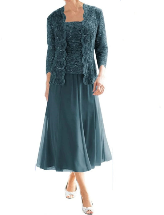 Two Piece Sheath / Column Mother of the Bride Dress Elegant Vintage Sparkle & Shine Square Neck Tea Length Chiffon Lace 3/4 Length Sleeve