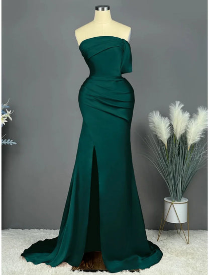 Evening Gown Elegant Dress Formal Sweep / Brush Train Sleeveless Strapless Satin with Pleats Ruched Slit