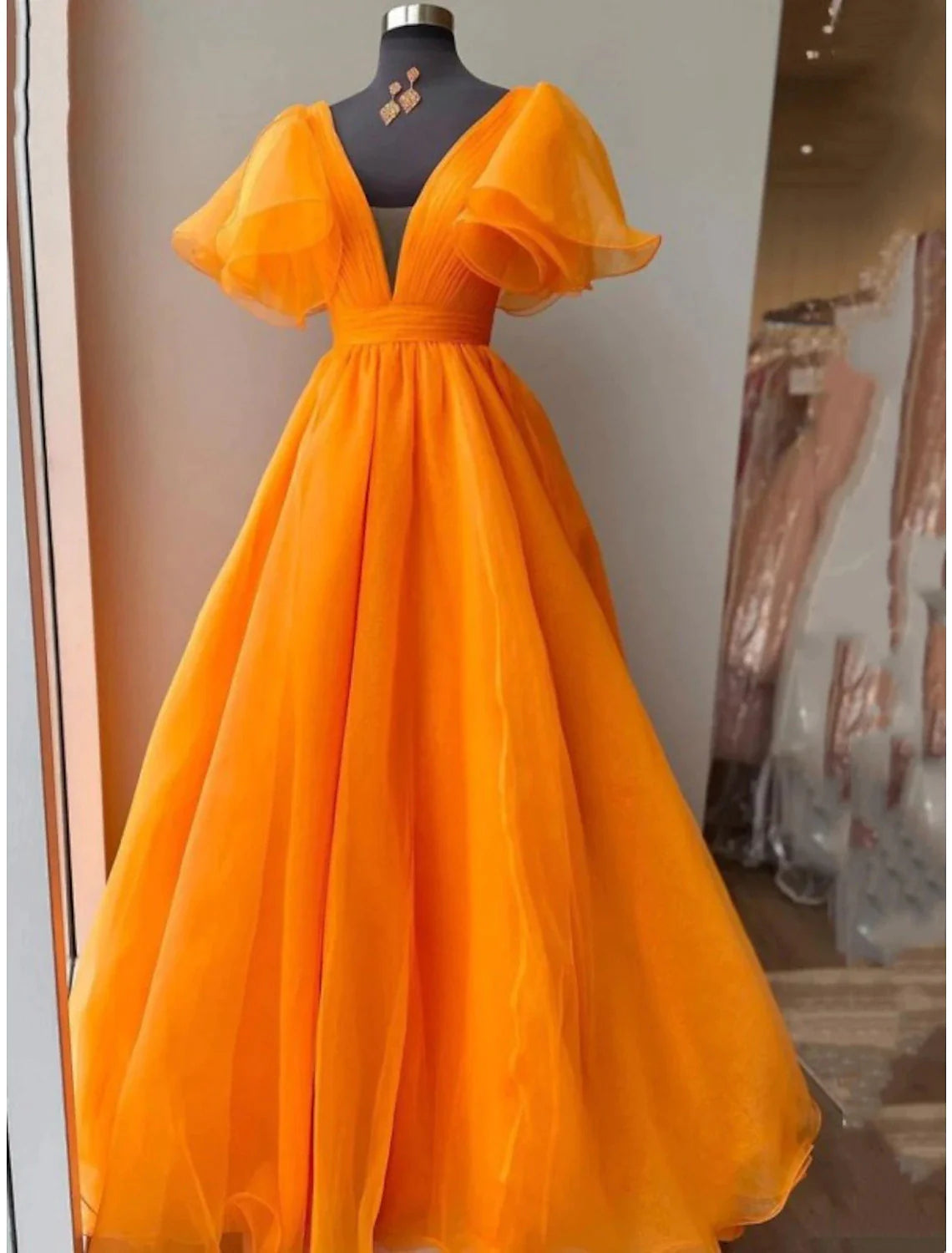 Evening Gown Celebrity Style Dress Wedding Party Floor Length Short Sleeve V Neck Fall Wedding Guest Organza with Pleats Ruffles