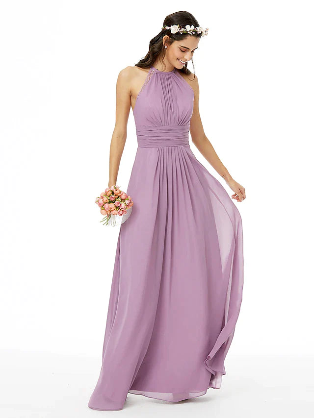 Sheath / Column Bridesmaid Dress Jewel Neck Sleeveless Beautiful Back Floor Length Chiffon