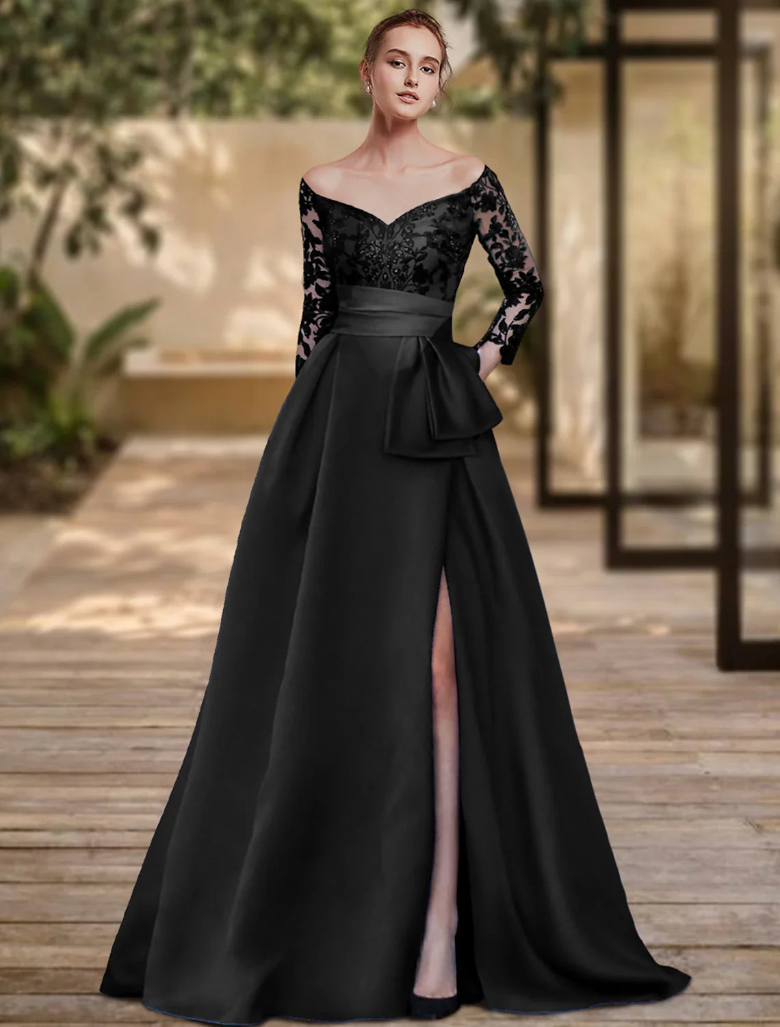 Evening Gown High Split Dress Formal Wedding Guest Sweep / Brush Train 3/4 Length Sleeve Off Shoulder Charmeuse with Bow(s) Sequin Slit