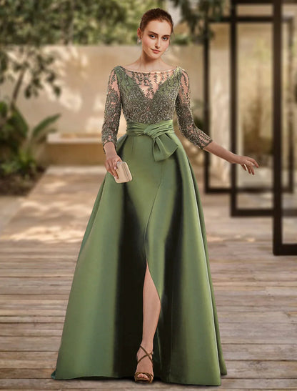 Evening Gown Open Back Dress Formal Wedding Guest Floor Length 3/4 Length Sleeve Scoop Neck Lace with Slit Strappy