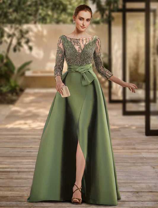 Evening Gown Open Back Dress Formal Wedding Guest Floor Length 3/4 Length Sleeve Scoop Neck Lace with Slit Strappy