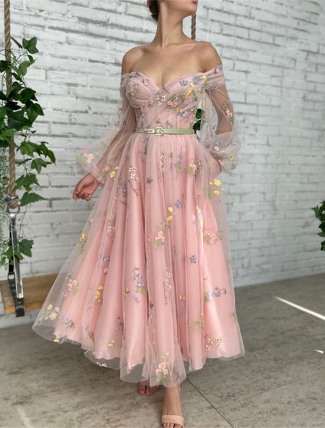 A-Line Prom Dresses Floral Dress Birthday Garden Party Ankle Length Long Sleeve Off Shoulder Fall Wedding Guest Lace