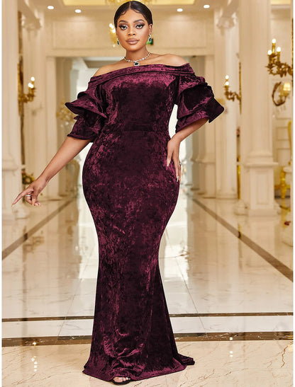 Mermaid / Trumpet Wedding Guest Dresses Plus Size Dress Cocktail Party Sweep / Brush Train Half Sleeve Off Shoulder Velvet with Ruffles