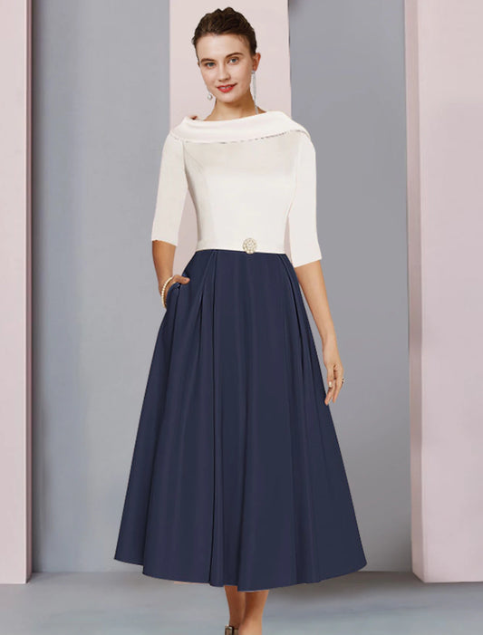 A-Line Mother of the Bride Dress Wedding Guest Elegant Scoop Neck Tea Length Satin Half Sleeve