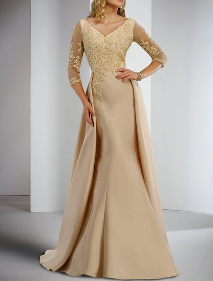 Sheath / Column Mother of the Bride Dress Formal Wedding Guest Elegant V Neck Floor Length Satin Lace 3/4 Length Sleeve