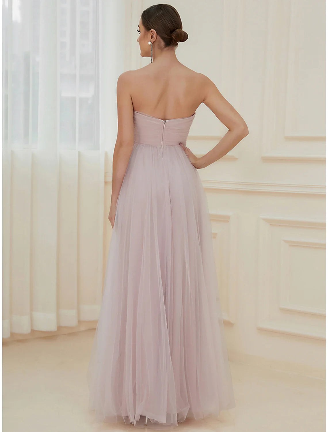 Evening Gown Elegant Dress Wedding Guest Floor Length Sleeveless Off Shoulder Tulle with Pure Color Tiered