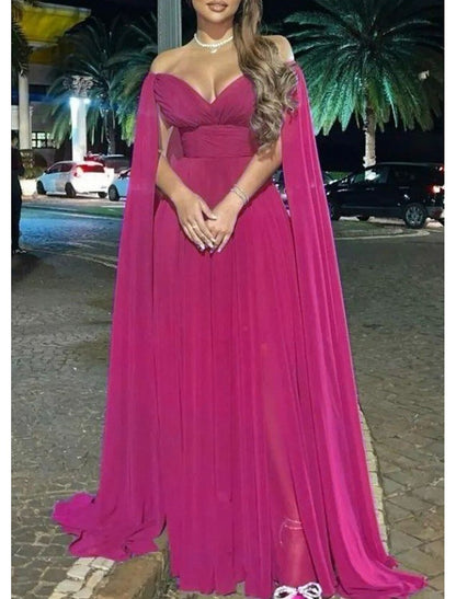 A-Line Evening Gown Elegant Dress Formal Wedding Party Sweep / Brush Train Sleeveless Off Shoulder Capes Chiffon