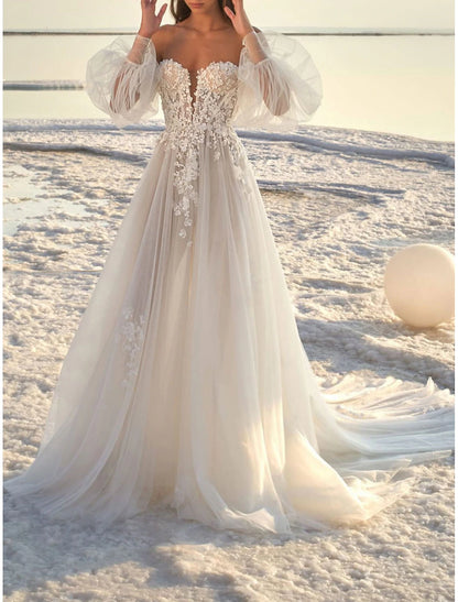 Beach Formal Wedding Dresses A-Line Off Shoulder Long Sleeve Court Train Lace Bridal Gowns