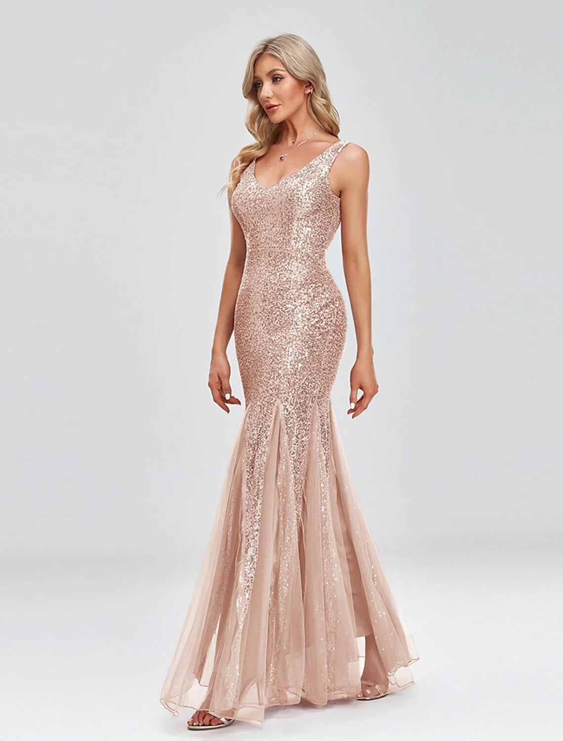 Evening Gown Sparkle Dress Wedding Guest Formal Evening Floor Length Sleeveless V Neck Tulle V Back with Sequin Splicin