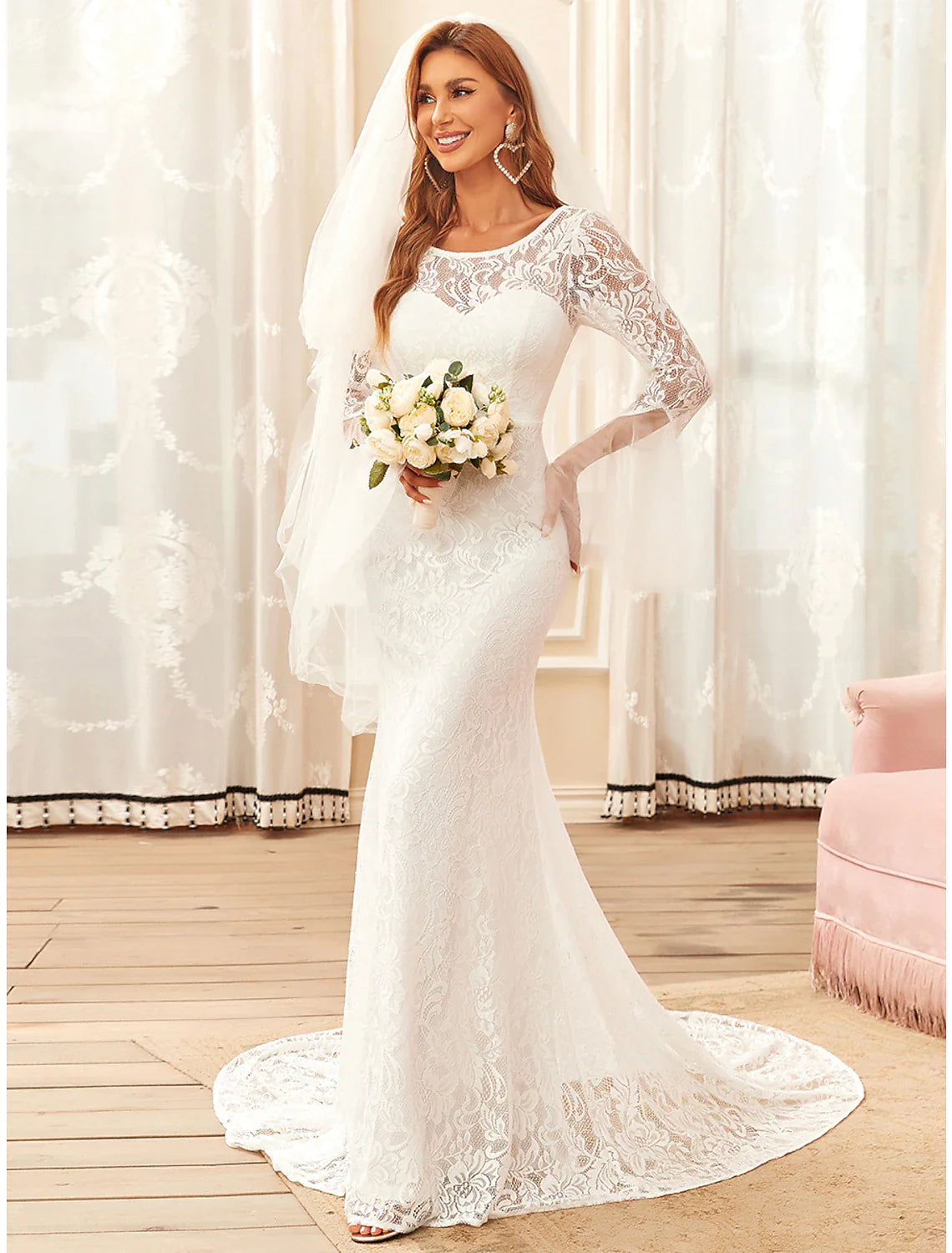 Beach Boho Wedding Dresses Sweep / Brush Train Mermaid / Trumpet Long Sleeve Illusion Neck Lace With Lace