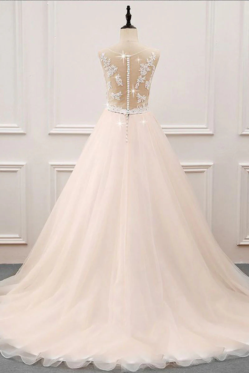 Champagne tulle lace long prom Wedding Dresses