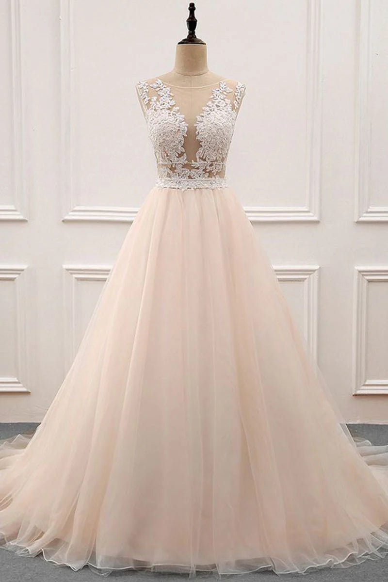 Champagne tulle lace long prom Wedding Dresses