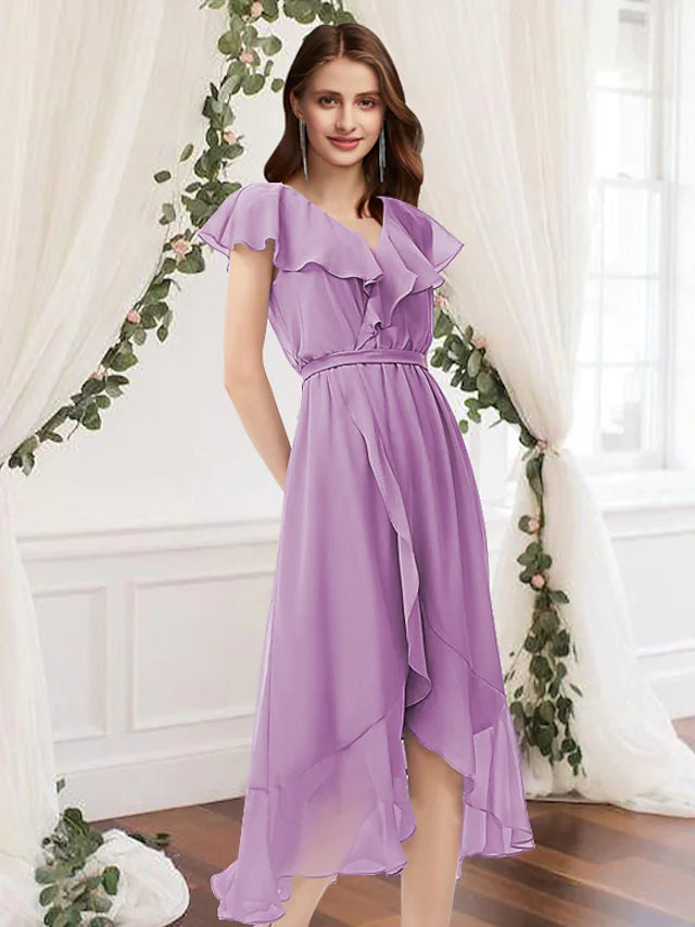 Bridesmaid Dress V Neck Sleeveless Elegant Asymmetrical Chiffon with Pleats Ruffles