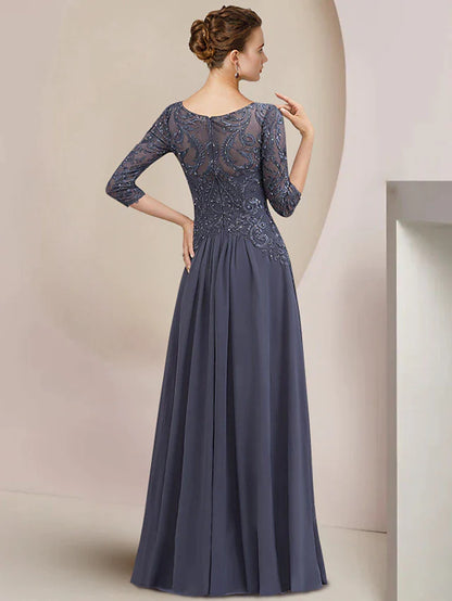 A-Line Mother of the Bride Dress Formal Elegant Scoop Neck Floor Length Tea Length Chiffon Lace Half Sleeve with Beading Appliques