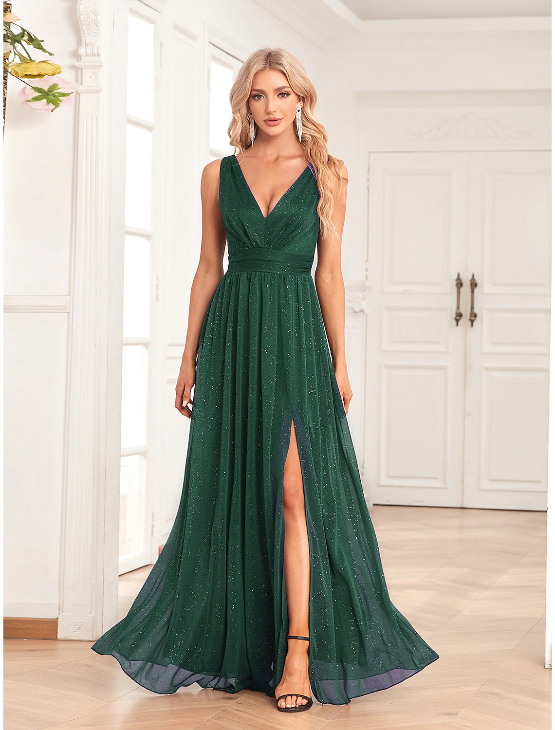 A-Line Evening Gown Elegant Dress Wedding Guest Party Wear Floor Length Sleeveless V Neck Spandex V Back