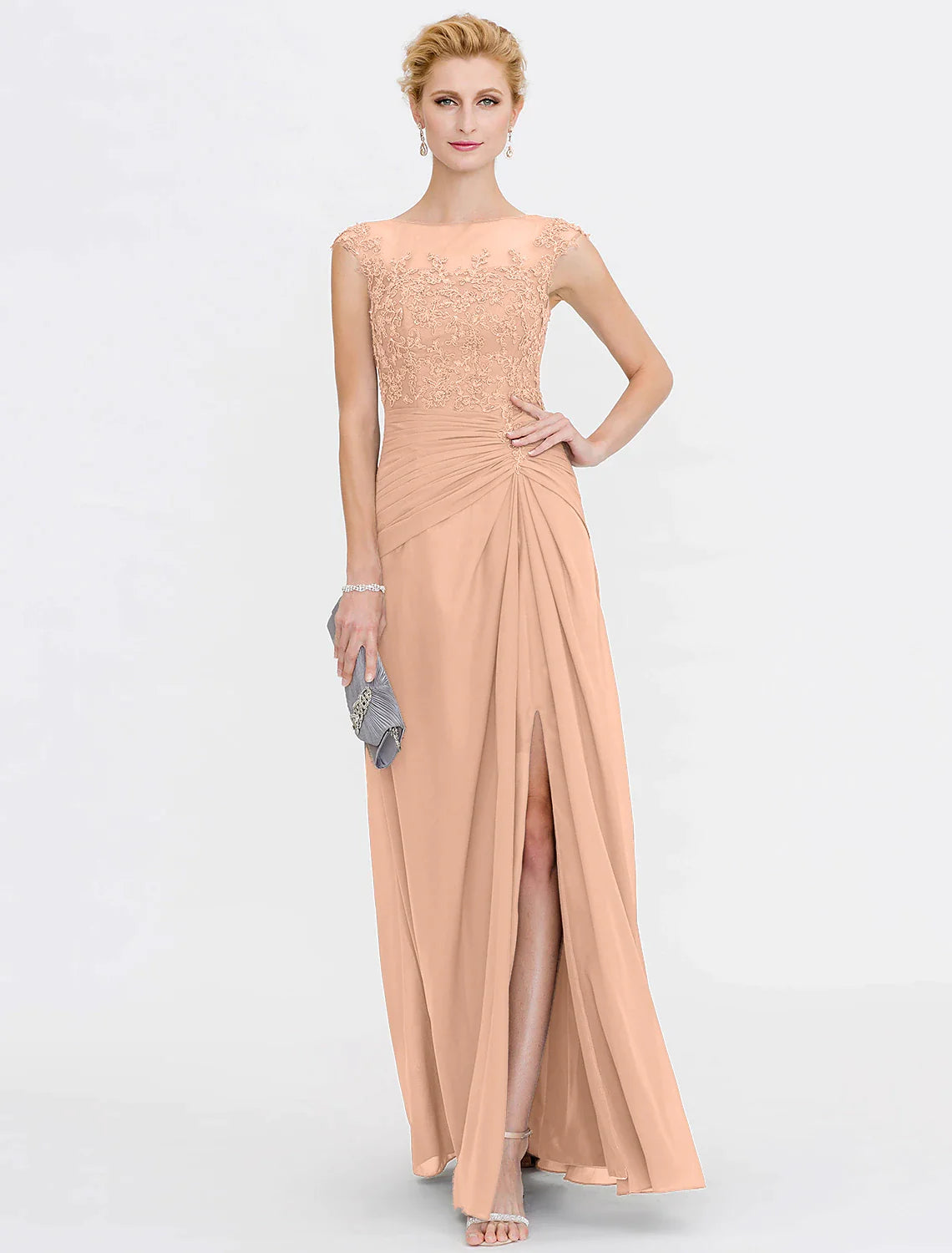 A-Line Mother of the Bride Dress Elegant See Through Bateau Neck Floor Length Chiffon Lace Sleeveless with Side Draping