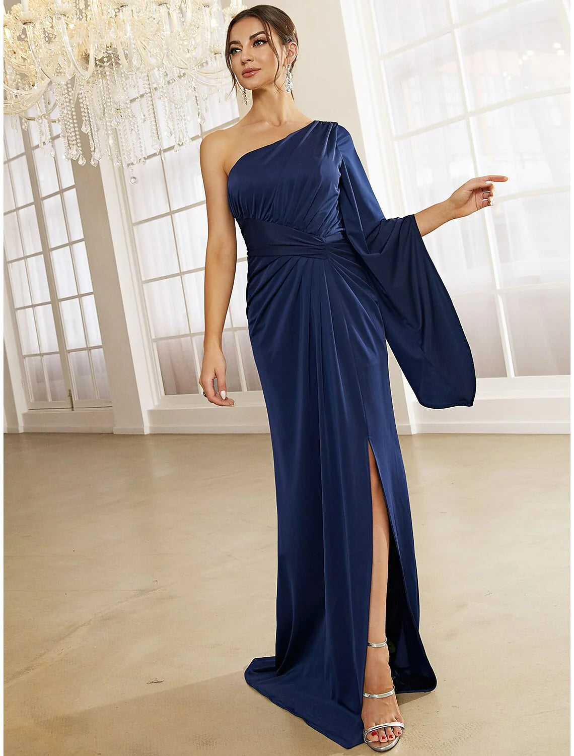 A-Line Evening Gown Elegant Dress Formal Fall Sweep / Brush Train Long Sleeve One Shoulder Stretch Fabric with Pleats Ruched Slit