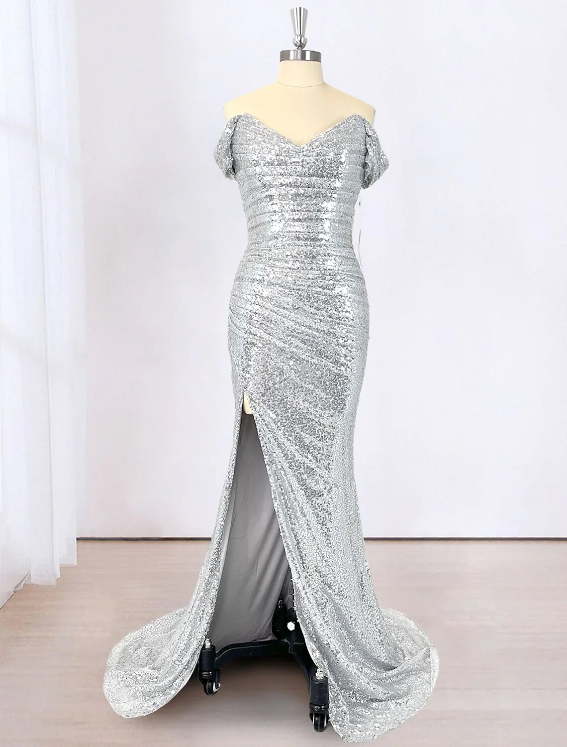 Evening Gown Sparkle & Shine Dress Cocktail Party Floor Length Short Sleeve Off Shoulder Sequined with Ruched