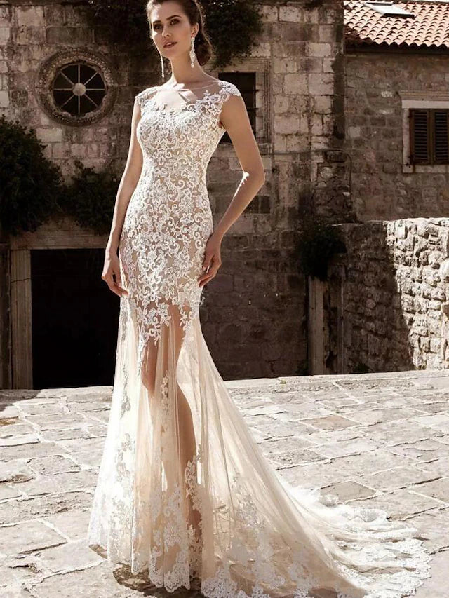 Engagement Formal Wedding Dresses Court Train Mermaid / Trumpet Cap Sleeve Illusion Neck Lace With Appliques