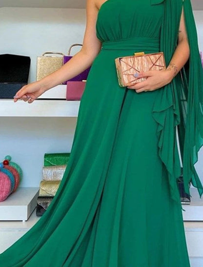 A-Line Prom Gown Party Dress Elegant Dress Formal Wedding Guest Sweep / Brush Train Sleeveless One Shoulder Capes Chiffon