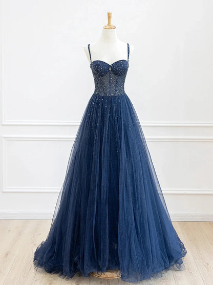 A-Line Spaghetti Strap Tulle Sequins Long Prom Dress