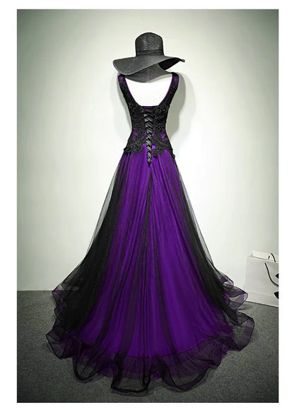 Black and Purple V-neckline A-line Prom Dress