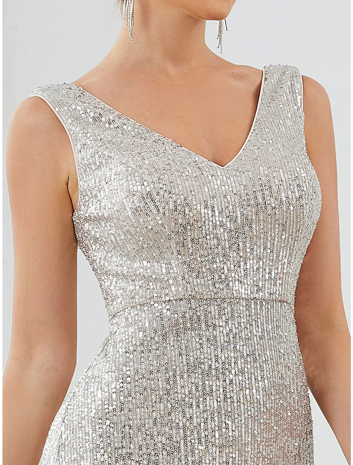 Evening Gown Elegant Dress Formal Evening Floor Length Sleeveless V Neck Sequined V Back with Sequin Pure Color