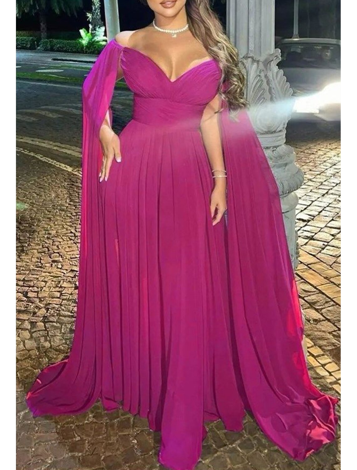 A-Line Evening Gown Elegant Dress Formal Wedding Party Sweep / Brush Train Sleeveless Off Shoulder Capes Chiffon