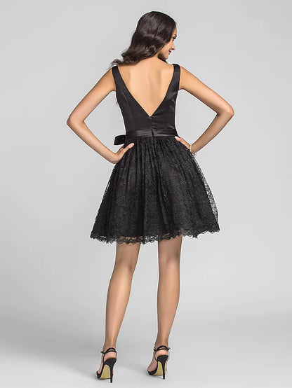 Homecoming  Dress Bateau Neck Sleeveless Little Black Dress Tea Length Lace Charmeuse